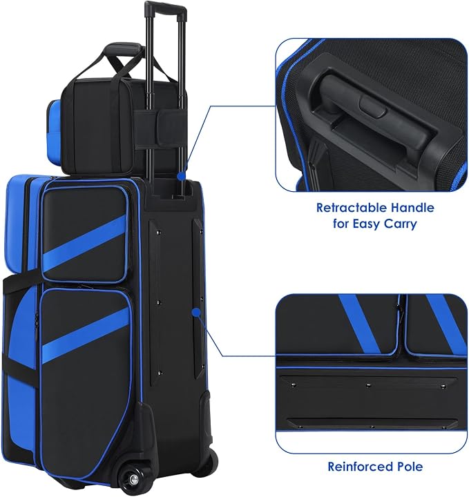 4 Ball Bowling Bag with Wheels, Bowling Bag 4 Ball Roller with Multi-pocket & Shoe Compartment & Retractable Handle, 3 Ball Roller Bag + 1 Ball Color Matching Add On Tote
