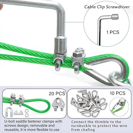 3/16" Clothes Line Outdoors, 100Ft Green PVC Coated Steel Cable Clip Clamp Kit, Multi-use Guide Wires for Climbing Grapevines Plants/Clothesline Wire for T Post/String Light Hanging Kit