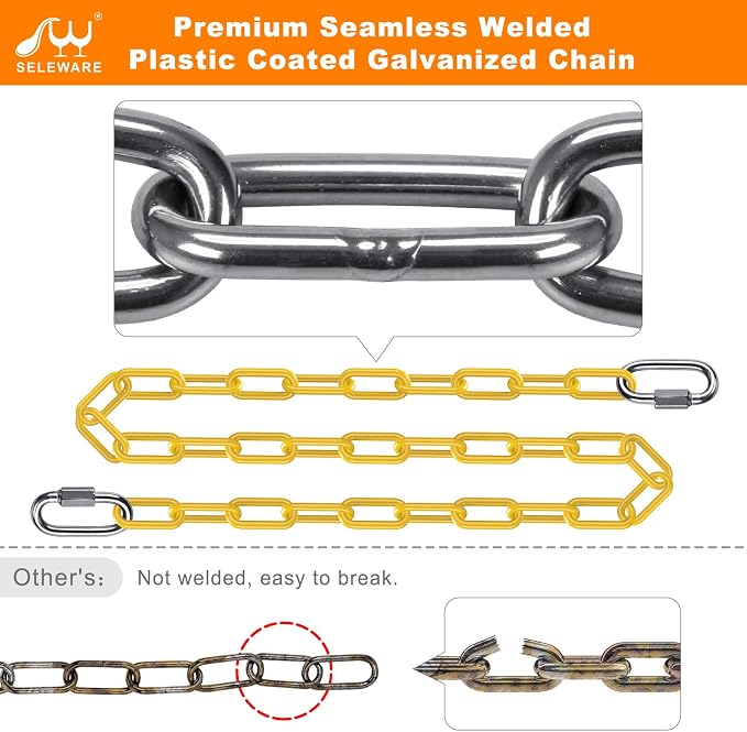 SELEWARE 2 Pack 100 Inch Hanging Swing Chain with 4 Carabiners, 1000LB Capacity Plastic Coated Hanging Chains, Hammock Hardware Kit for Swing, Hanging Chair, Punching Bags, Indoor Outdoor Gym (Yellow)