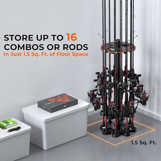 KastKing V16 Fishing Rod Holder for Garage, Floor Rack Holds Up to 16 Rods & Combos, Space-Saving Fishing Pole Organizer with Protective Foam, Durable ABS, Fishing Gear & Accessories Gift for Men
