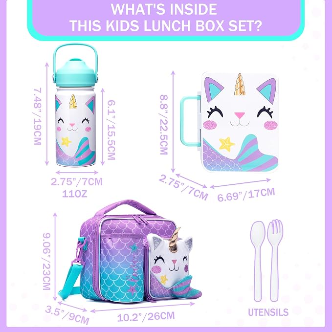 Unicorn Lunch Box for Girls Bento Box for Kids with Ice Pack,Stainless Steel Water Bottle Set Utensils Set Food Container for School Girls Kids Back to School Supplies