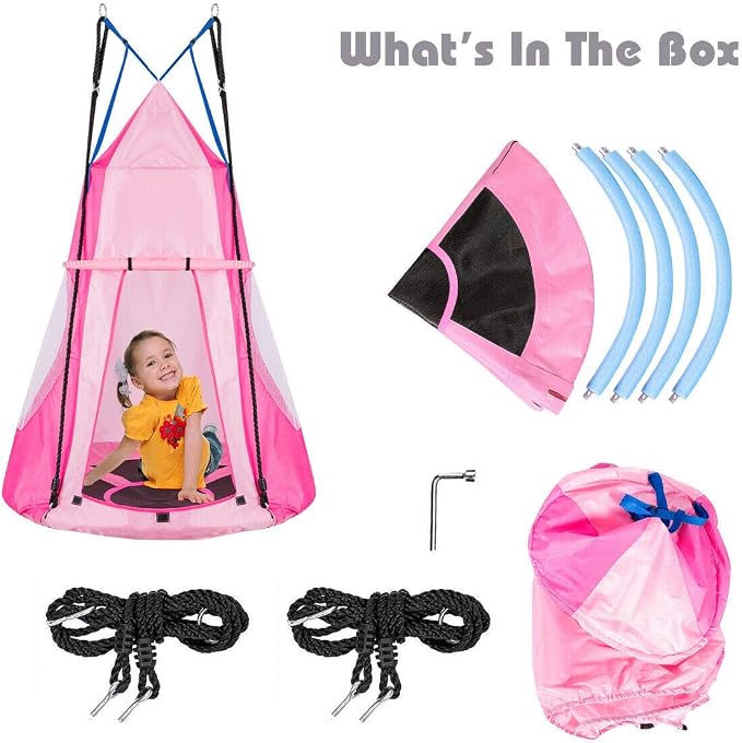Costzon 2 in 1 Kids Detachable Hanging Chair Swing Tent Set, Hammock Nest Pod Hanging Swing Seat for Boys/Girls, Children Outdoor Indoor Swing Play House with Play Tent, Max Capacity 330 LBS (Pink)