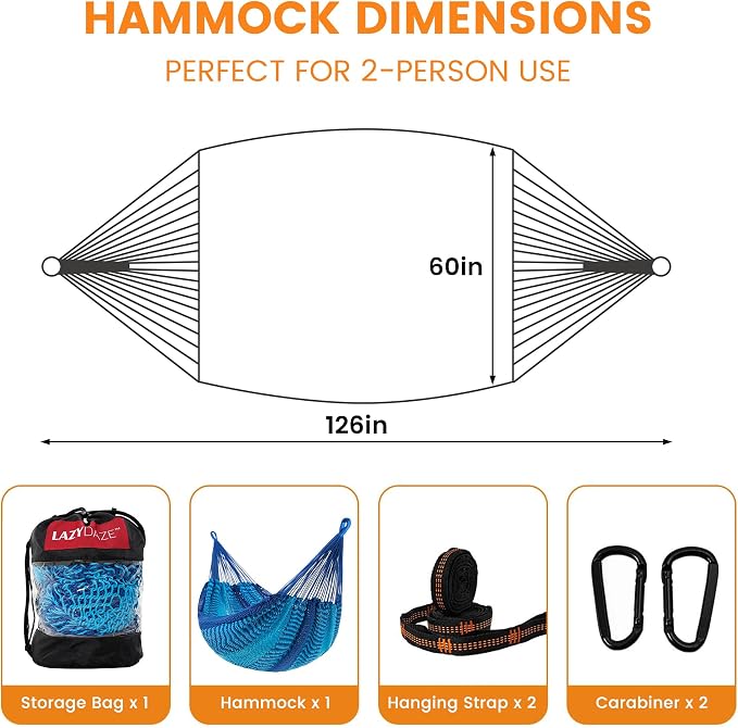 Lazy Daze Hammocks Handwoven XL Mayan Hammock, 10.5 FT Soft Rope Double Hammocks, Portable Outdoor Hammock with Carry Bag, 2 Straps & Carabiners for Patio Outside, 550 lbs Capacity, Blue/Dark Blue
