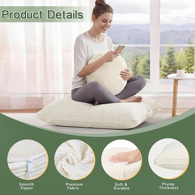 Meditation Cushion Set, Large Meditation Pillow with Ergonomic Support Prayer Pad, Modern Zafu & Zabuton Set to Mindfulness, Yoga, Removable Corduroy Cover, Beige, 32in