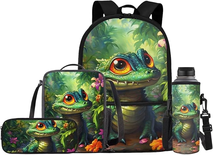 Kids School Bag Bearded Dragon Lizard Backpack with Lunch Box and Water Bottle Holder Pencil Case Elementary School Bags Teens Daypack for Travel Picnic Set 4 in 1