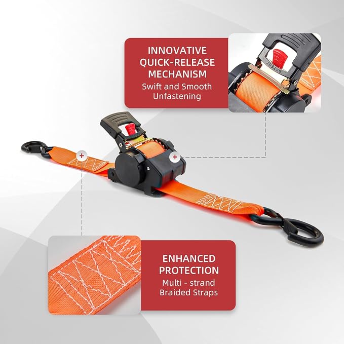Auto Retractable Ratchet Straps 1800 lbs, 1in × 10ft Self-Retracting Tie Down Straps with Zinc S-Hooks, Heavy Duty Cargo Tie Downs for Trucks, Trailers & Roof Racks, 2 Pack, Orange, Damped Rewind
