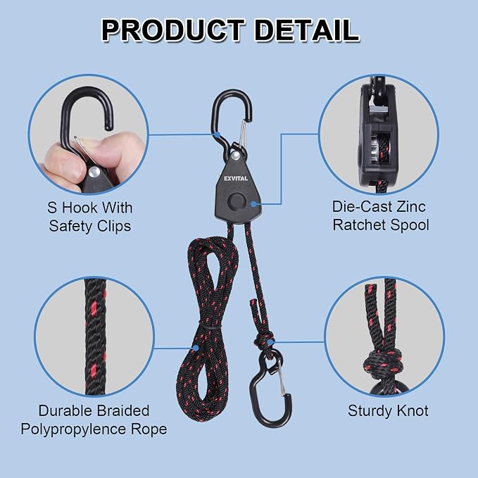 4PCS Kayak Rope Tie Down Ratchet Straps 1/8" ×6' Bow and Stern Tie Down Kayak with Safety S Hooks Heavy Duty Ratchet Rope Kayaks and Canoe Accessories Black