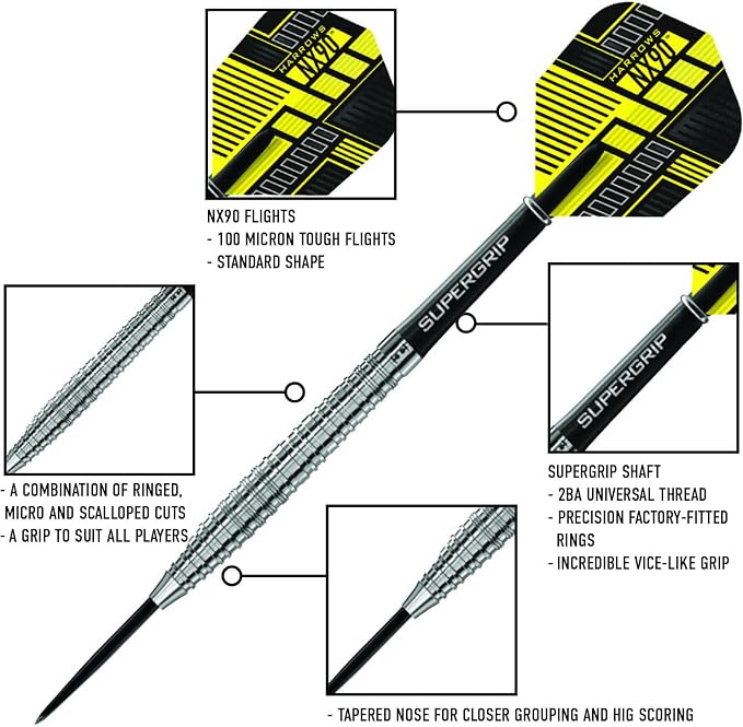 Harrows NX90 Darts, 90% Tungsten Steel Tip Darts Set, Includes High-Grade Shafts, Aerodynamic Dart Flights, Available in Sizes 21g, 22g, 23g, 24g, 25g & 26g