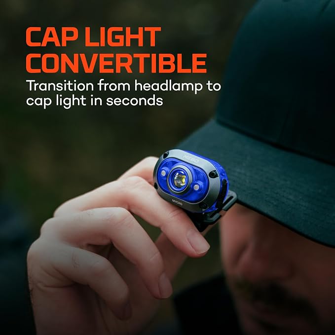 NEBO MYCRO 450 Headlamp | 450 Lumens, 6 Light Modes, White Red & Green Light, USB-C Rechargeable, Water Resistant, Adjustable Strap, Cap Light Convertible, Bright Light for Camping & Hiking – Blue