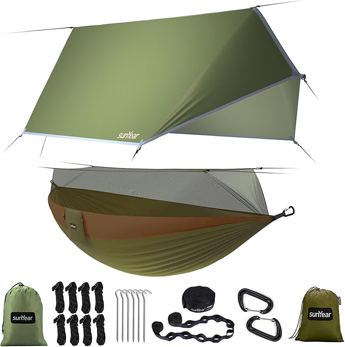 Sunyear Camping Hammock, Portable Single & Double Hammock with Net, 2 Person Hammock Tent with 2 * 10ft Straps, Best for Outdoor Hiking Survival Travel