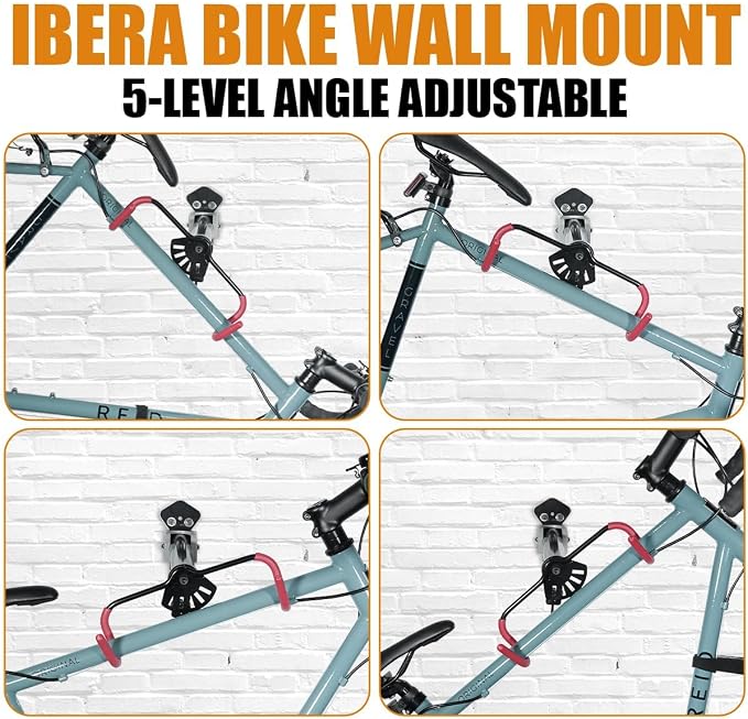 Ibera Bike Wall Mount - Adjustable Frame Holder & Soft Rubber Cradles - Garage Bike Rack for Road, MTB, Kids, Hybrid Bikes - Easy Installation & Space-Saving Design
