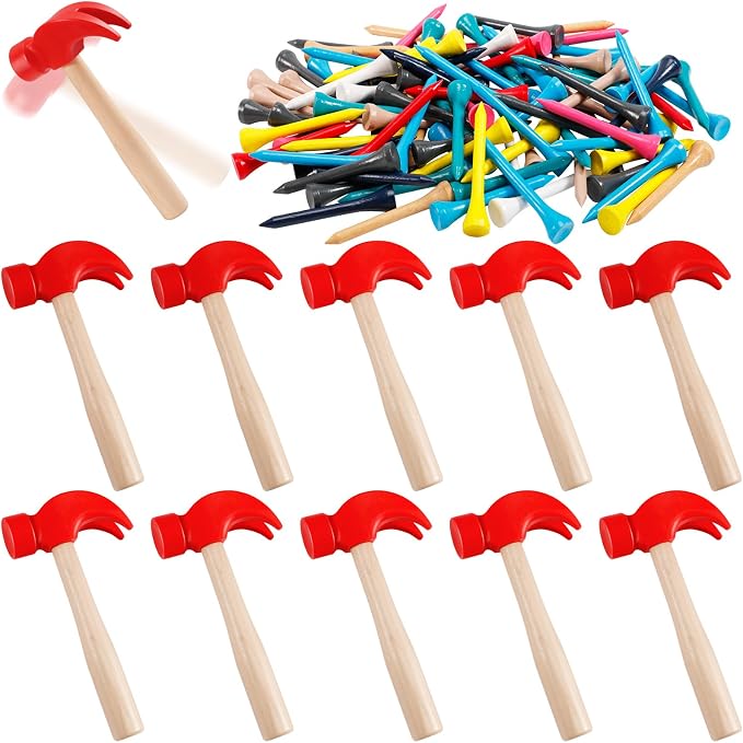 10 Pcs Wooden Hammer, 100 Colorful Wood Golf Tees, Small Plastic Hammers, Simulation Tool, Educational Kids Toy for School, Party Gifts