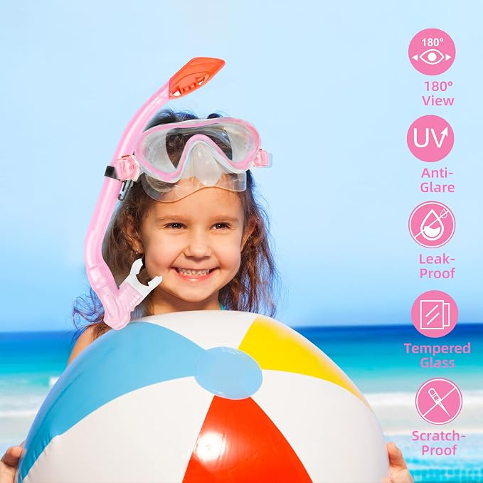 Kids Snorkeling Set - Adjustable Flippers + Panoramic Snorkel Mask + Dry Snorkel Tube + Travel Bags - Suitable for Kids & Juniors, Age 5-14