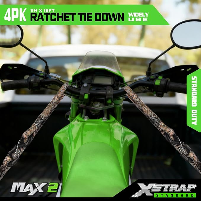 XSTRAP STANDARD 4-Pack Ratchet tie-Down Straps (1" x 15 ft) Feature Integrated Soft Loops, Padded Handles, Coated S-Hooks with Safety Clips, 1890 lbs Break Strength for Motorcycles, Trucks(Camouflage)