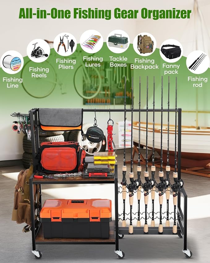 EXTCCT Fishing Rod Holders for Garage, Fishing Pole Rack Holds Up to 16 Rods with Hooks, Heavy Duty Fishing Gear Organizer, Fishing Equipment Storage for Man's Gift (Brown)