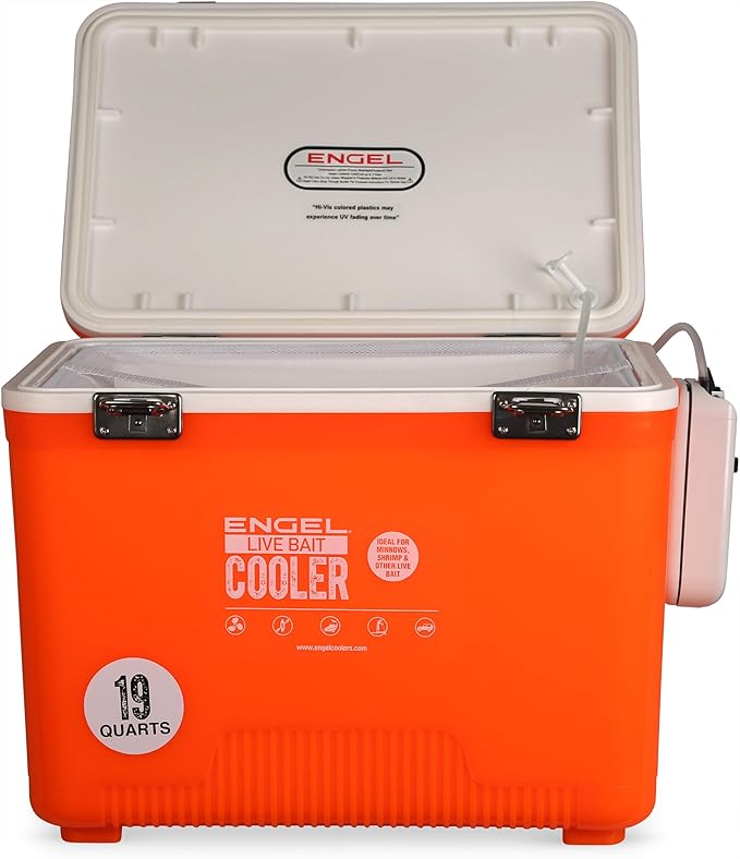 Engel Live Bait Cooler Box with 2nd Gen 2-Speed Aerator Pump - Portable Fishing Station & Minnow Bucket for Shrimp & Other Live Fish with Aerator - ENGLBC-N