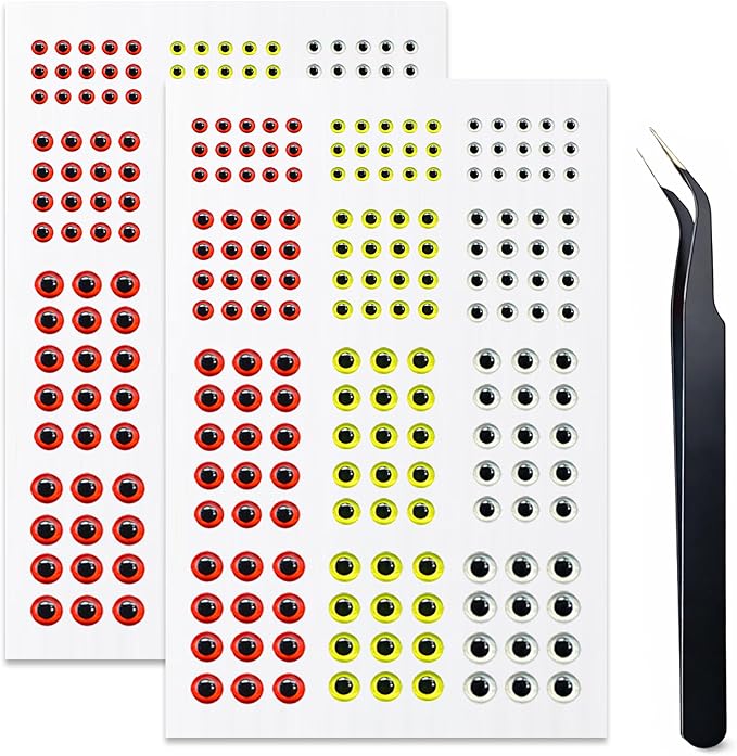 3D 4D 5D Fishing Lure Eyes Assortment with 1 Piece Tweezer for Making Fish Bait Fly Tying Streamers Crafts DIY Accessory (6 Sizes: 3 mm/ 4 mm/ 5 mm/ 6 mm/ 8 mm/ 10 mm)