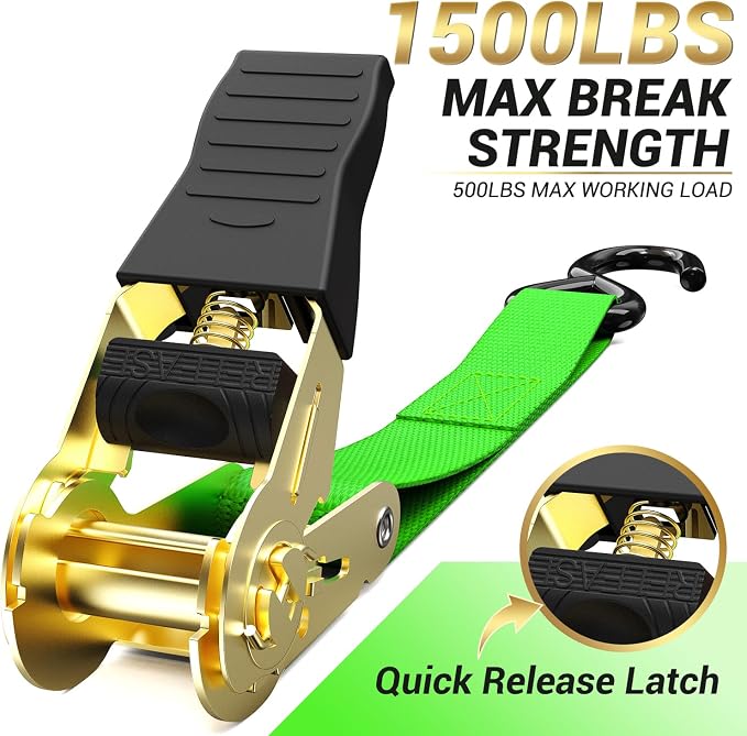 Ratchet Tie Down Strap 8-Pack 15 Ft - 500 lbs Load Cap with 1500 lbs Breaking Limit, Ohuhu Ratchet Tie Downs Logistic Cargo Straps for Moving Appliances, Motorcycle, Green