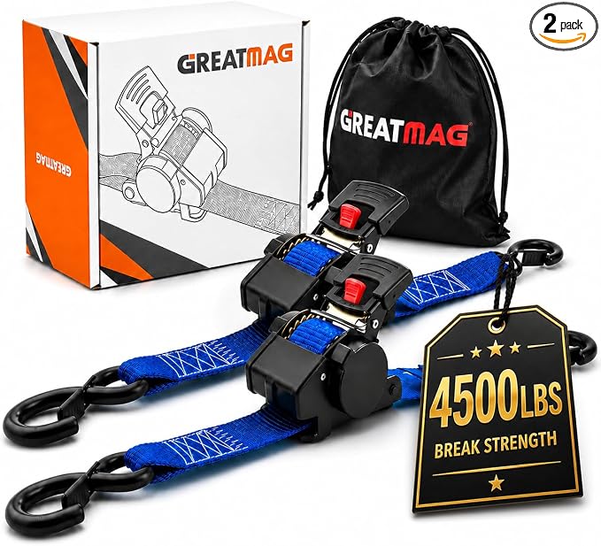 Auto Retractable Ratchet Tie-Down Straps 4500 lbs, 2in × 10ft Self-Retracting Ratchet Straps, Heavy Duty S-Hooks, for Cargo, Trucks & Trailers, Blue, 2 Pack, Damped Rewind