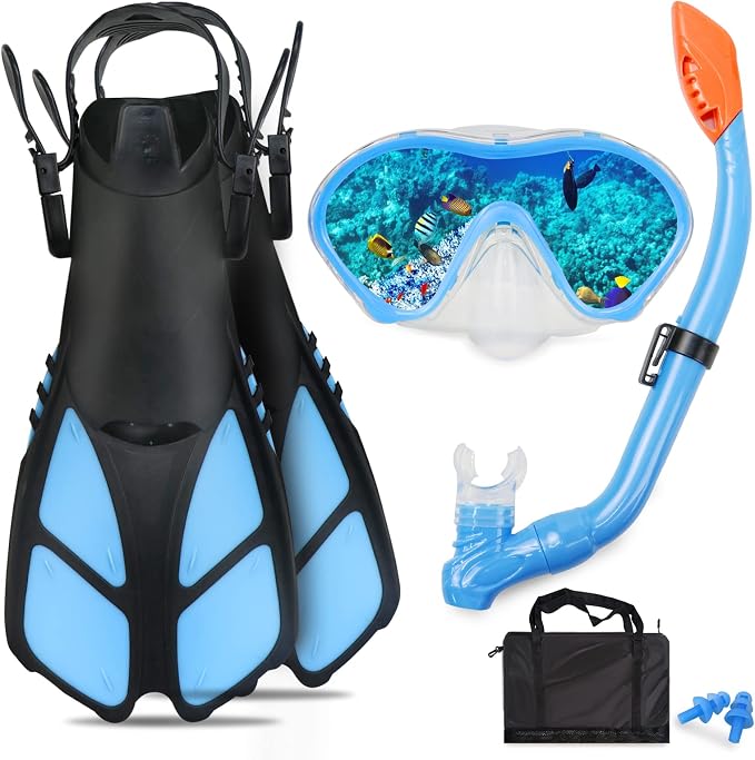 Kids Snorkeling Set - Adjustable Flippers + Panoramic Snorkel Mask + Dry Snorkel Tube + Travel Bags - Suitable for Kids & Juniors, Age 5-14