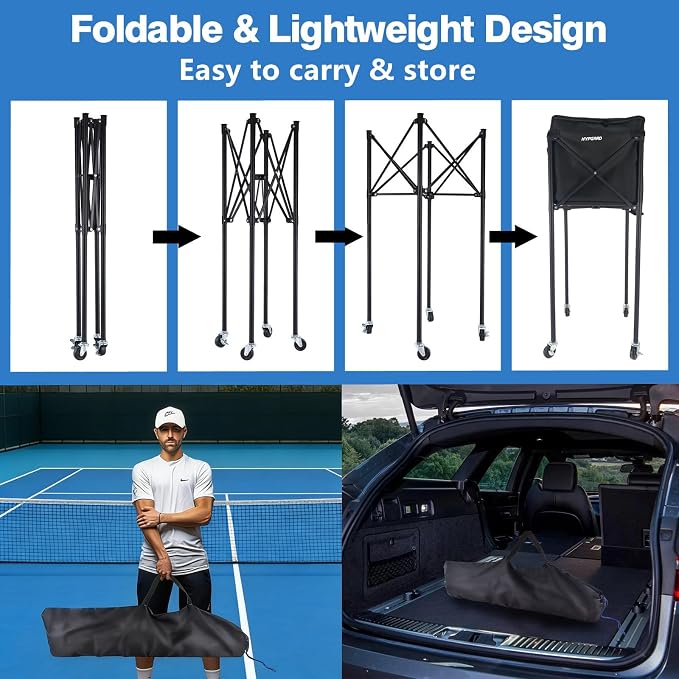 Pickleball & Tennis Ball Hopper, Sports Balls Teaching Cart, Portable Lightweight Softball Caddy, Large Capacity Baseball Basket Carrier for Training