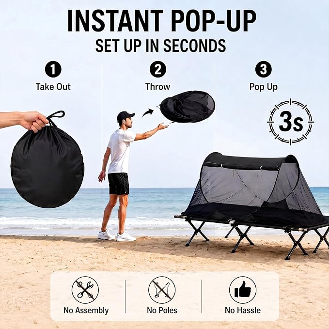 2 Pack Pop up Mosquito Tent for Camping 1 Person Instant Setup Foldable Bug Net Cot Tent with Ground Pin Portable Waterproof Screen Net for Cot Bed Hiking Summer Beach Outdoor