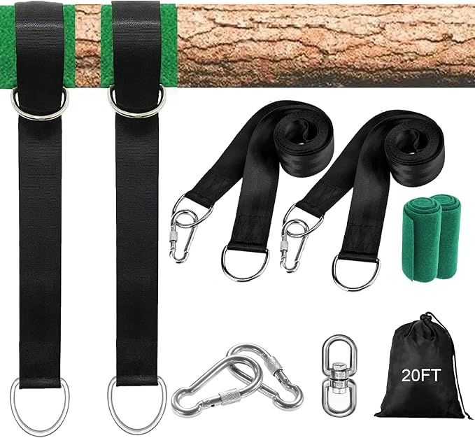 Tree Swing Hammock Straps Kit 20FT, Strong & Durable Tree Swing Straps Hanging Kit with Tree Protector, Safer Lock Snap Carabiner Hooks, Holds Up to 5000 lbs, Safer & Easy Installation for Baby Adults