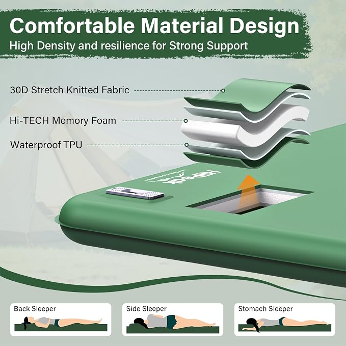 HiiPeak Double Camping Sleeping Pad with Electric Pump, 3" Thick 2 Person Self Inflating Memory Foam Mattress Pad with Pillow, Portable Sleeping Mat for Travel, Car, Tent, Full Size (Green)