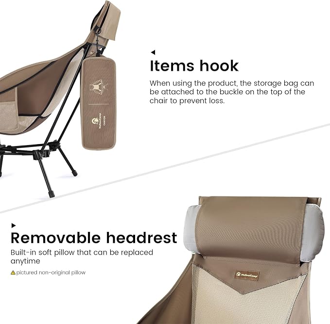 MellowCamp Folding High Back Camping Chair with Pillow, Portable Lightweight Chair Supports 374 lbs for Car Camping, RV, Tailgating, Beach, Fire Pit, Festival (Brown)