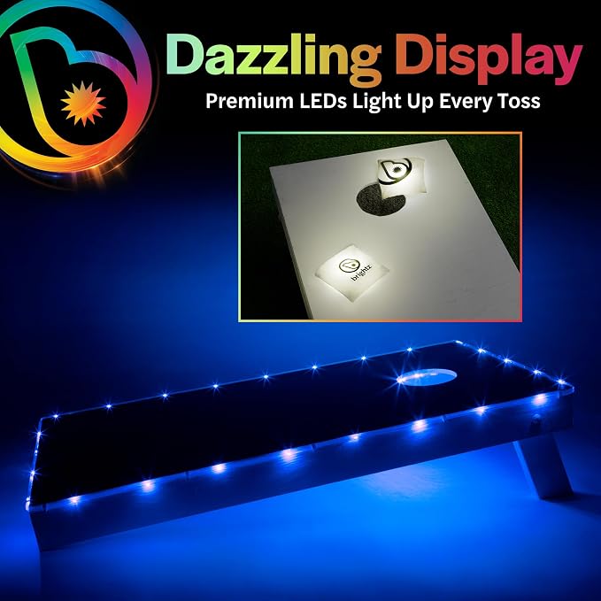 Brightz Cornhole Board Edge Lights with LED Bags - Includes 4-Pack of LED Cornhole Bags + TossBrightz Cornhole Board Edge Lights - The Ultimate Night Time Cornhole Master Set