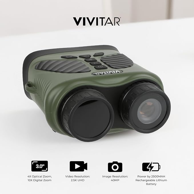 Vivitar - Digital Camera Binocular, 16MP High-Resolution Photos, Full QHD 2.7K Video, Day & Night Use, Compact Design, Soft Rubber Drop-Resistant Red Body, for Sports, Travel & Outdoors (Green)