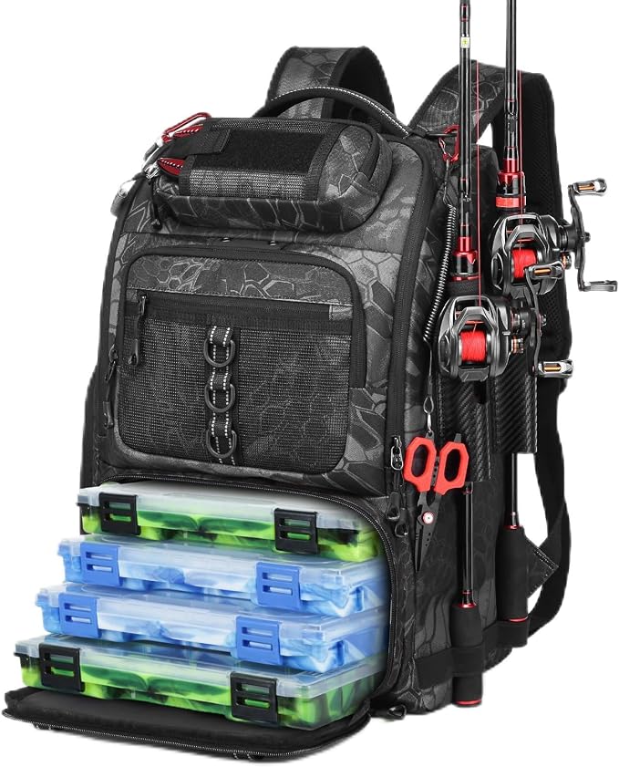 Fishing Tackle Backpack,Tackle Bag with 2 Rod Holders,Water-Resistant Large Storage Fishing Gear and Equipment (B-Black Camo)