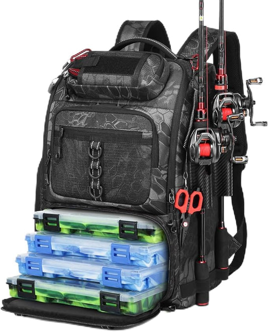 Fishing Tackle Backpack,Tackle Bag with 2 Rod Holders,Water-Resistant Large Storage Fishing Gear and Equipment (B-Black Camo)