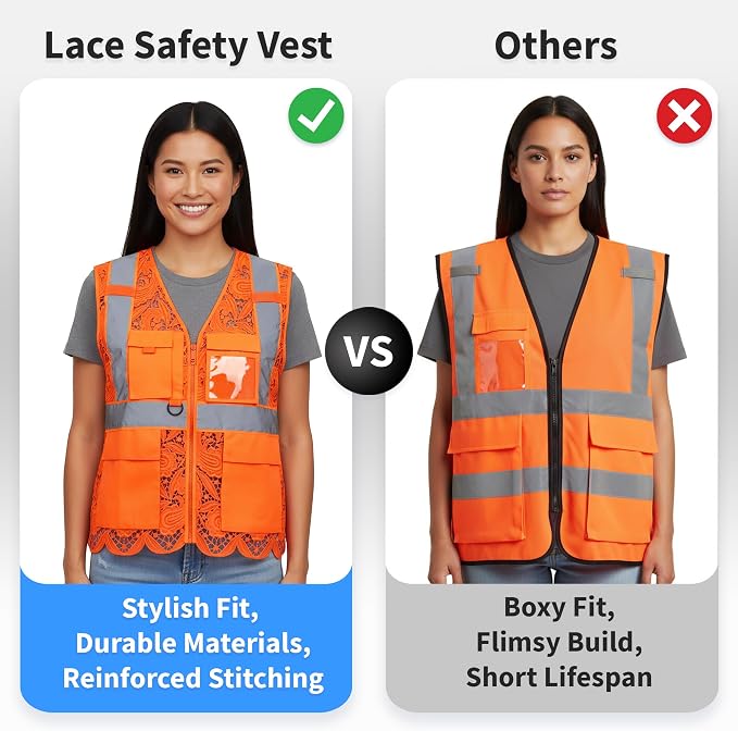 Lace-Mesh Safety Vest for Women & Men - Breathable, High Visibility Vest with Zipper & ANSI Class 2 Reflective Strips