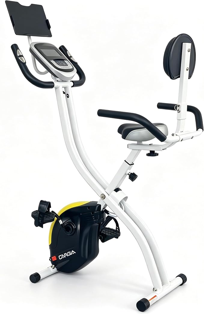 Folding Exercise Bike, Foldable Upright Stationary Bike, Indoor Cycling Magnetic X-Bike with 16-Level Electronic Resistance, Back Support Cushion for Home Gym