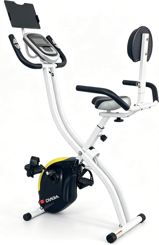 Folding Exercise Bike, Foldable Upright Stationary Bike, Indoor Cycling Magnetic X-Bike with 16-Level Electronic Resistance, Back Support Cushion for Home Gym