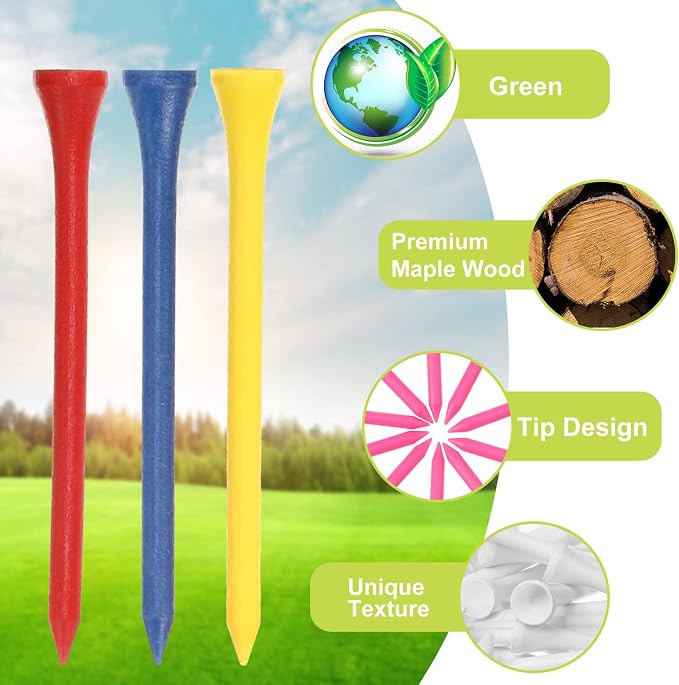Vinsot 500 Pcs Wooden 3-1/4 Inch Golf Tees Colorful Long Golf Tees Bulk Unbreakable Durable Reduce Friction Side Spin More Stable