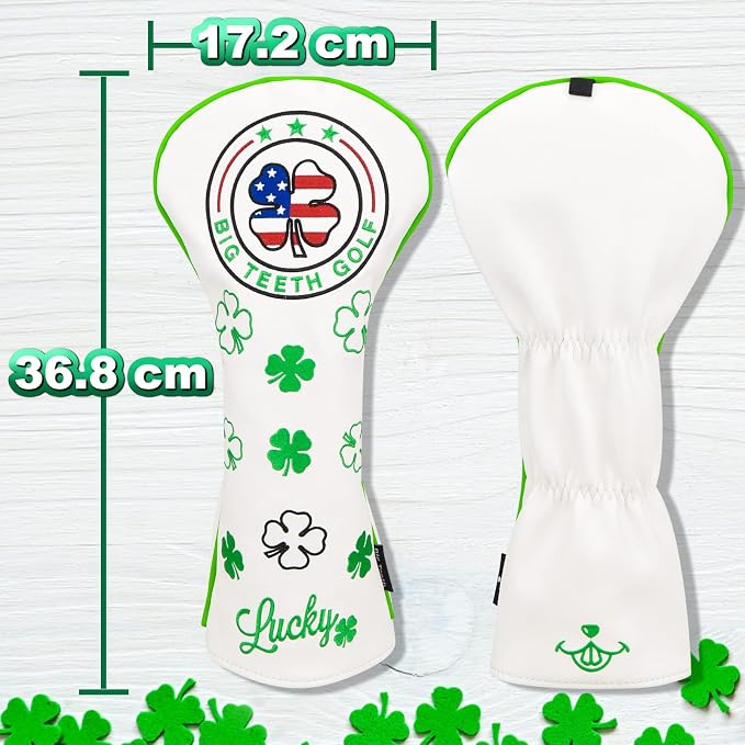 Big Teeth Golf Cover Lucky Clover Headcover Covers, Driver Fairway Wood Hybrid Headcovers Fits Blade Mallet Putter Iron and Woods with Magnetic White Shamrock Head Club Protector Leather