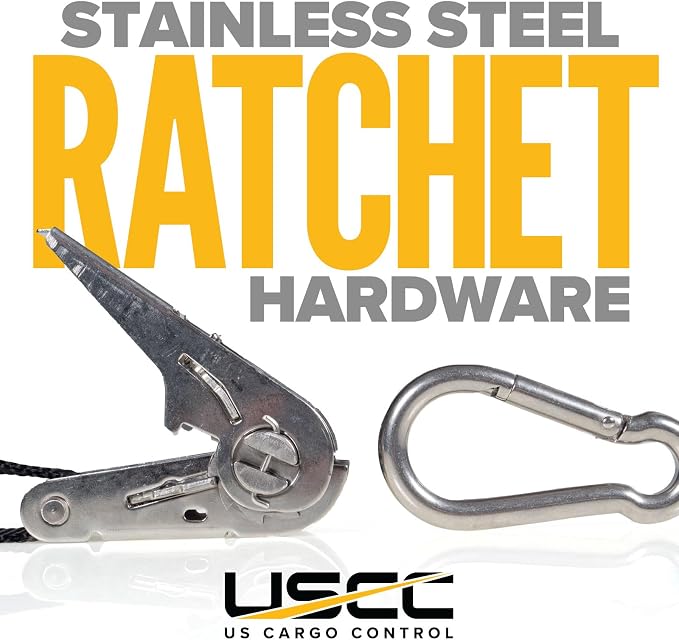 US Cargo Control Stainless Steel Ratchet Straps with Carabiner Hooks 1" X 10' (800-Pack), 500 LBS Break Strength, Marine Tie Down Straps for Boats, ATVs, Trees, Camping, Snow, Saltwater Applications