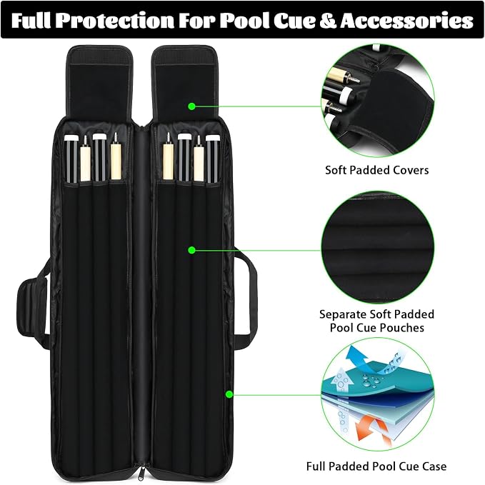 Pool Cue Case 4x4, Pool Stick Case Cue Bag with Hidden Backpack-Strap, Cue Stick Case Holds 4 Butts and 4 Shafts, Billiard Pool Cue Carrying Case with Large Front Accessory Pockets and 1 Cue Ball Case