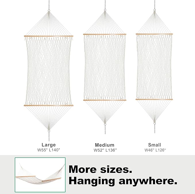 GAFETE 12ft Double Hammocks for Outside, Handwoven Traditional Cotton Rope 2 Person Hammock with Hardwood Spreader Bar, Chains & Hooks for Indoor Outdoor, Max 450 lbs Capacity (Natural Beige, Medium)