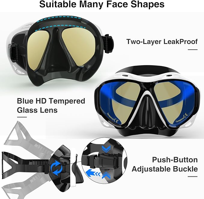 Snorkeling Gear for Adults, Snorkel Mask With Mirrored Tempered Glass Lens 180° Wide View Anti-Fog Scuba Diving Mask, Professional Snorkel Set for Swimming Diving, Gifts for Women Mom Men Dad