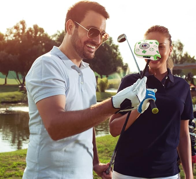 Big Teeth Golf Cover Lucky Clover Headcover Covers, Driver Fairway Wood Hybrid Headcovers Fits Blade Mallet Putter Iron and Woods with Magnetic White Shamrock Head Club Protector Leather