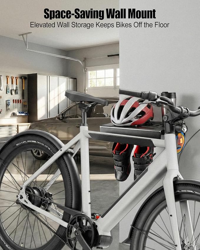 Bike Wall Mount Rack with Shelf and Hooks – Heavy Duty Indoor Bicycle Storage for Road, Mountain and Other Bikes, Space-Saving Wall Hanger for Helmets, Shoes and Accessories
