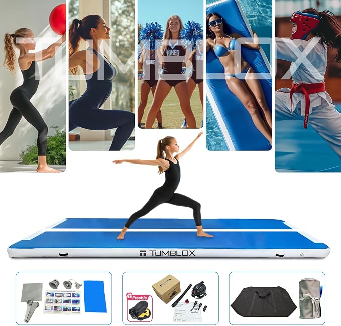 Air Gymnastics Mat Inflatable & Tumbling Mat – 4/8 Inches Thick with Electric Pump + Free Foot Pump – Ideal for Home, Gym, Water, and Beach Use