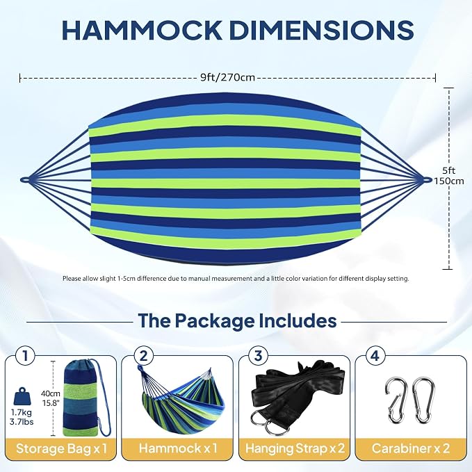 ANYOO Cotton Hammock Portable Camping Hammocks for Hanging Sturdy Garden Comfortable Fabric Hammock with Tree Straps Up to 660lbs with Travel Bag for Camping Outdoor/Indoor Patio Backyard