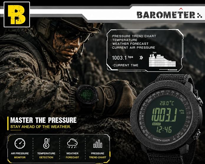 NORTH EDGE Apache Men’s Digital Tactical Watch, Outdoor Sports Watch with Compass, Altimeter, Barometer, Pedometer, Weather Trend, EL Backlight, 50M Water Resistant Hiking Watch