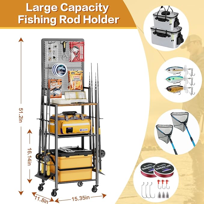Olakee Fishing Rod Holders, Rolling Fishing Rod Rack for Garage & Boat, Tackle Box & Reel Holder Cart, Easy Assembly Fishing Gear Management System, Ideal Birthday Gift for Men Dad Anglers