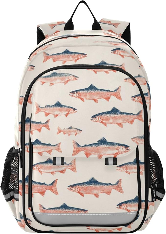 Fisyme Sea Vintge Salmon Fish School Backpack Laptop Backpacks Bags Bookbag Travel Casual Computer Notebooks Daypacks