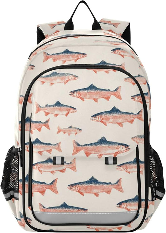 Fisyme Sea Vintge Salmon Fish School Backpack Laptop Backpacks Bags Bookbag Travel Casual Computer Notebooks Daypacks